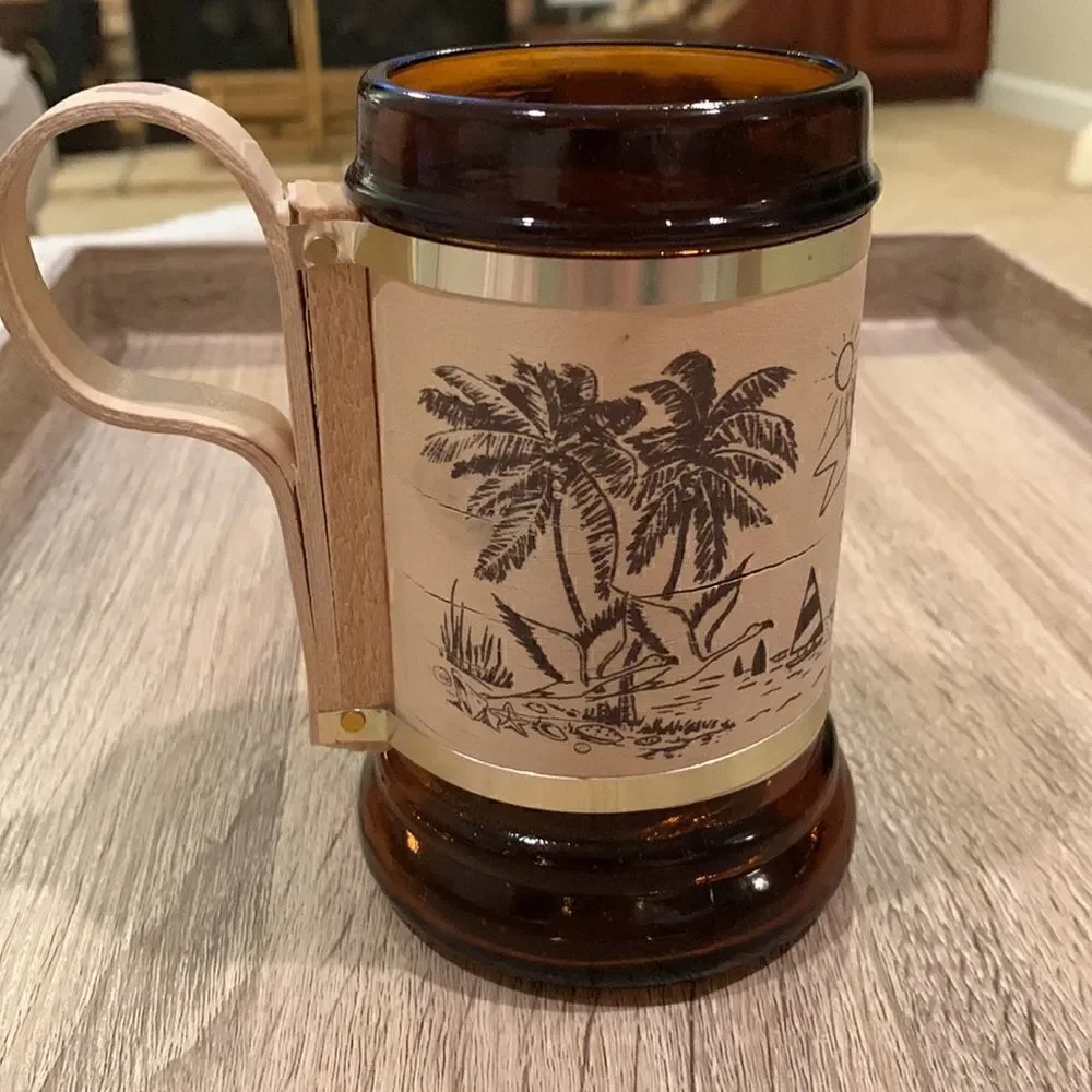 Vintage Florida Mug‎ Sun Destination Brown Amber Glass & Wood Beer Mug